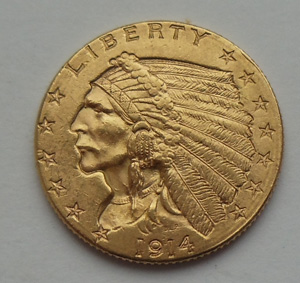 золотая монета 2,5 доллара. США. 1914г.
